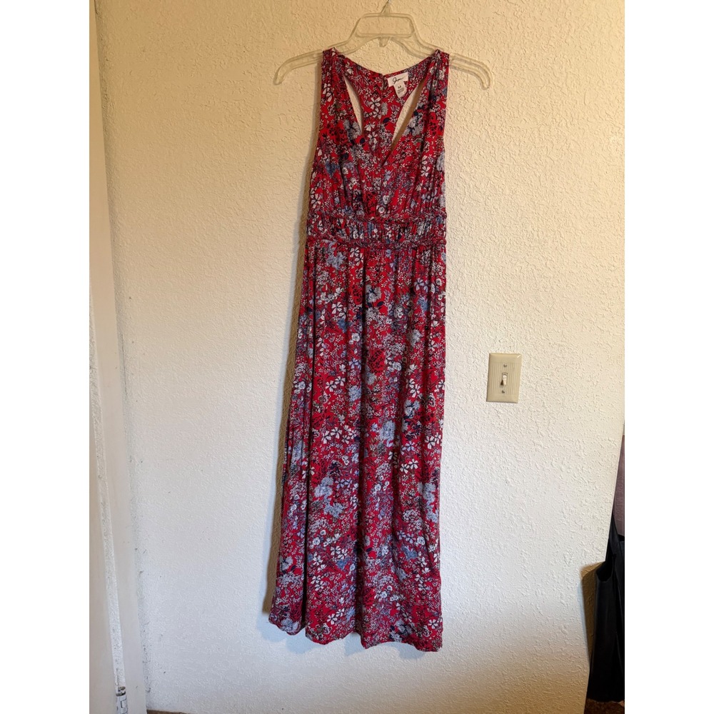Japan Red Floral Smocked Waist Racerback Maxi Dress Womens Medium Boho Summer